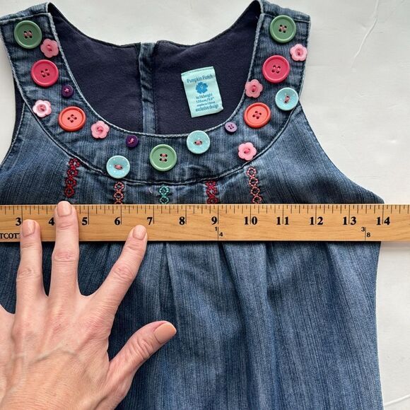 PUMPKIN PATCH Pinafore Dress US Sz‎ 9 Denim Look Lined Zip Pockets Button Trim - Picture 15 of 16